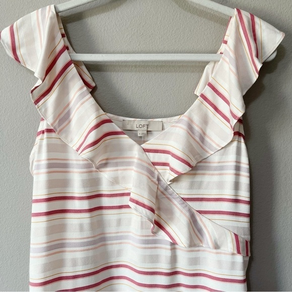 Ann Taylor LOFT Striped Faux Wrap Ruffle Sleeveless Tank Blouse White Pink NEW - Picture 2 of 8